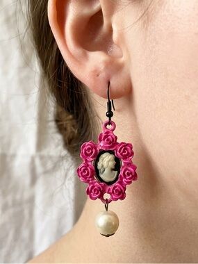 Betsey Johnson Hot Pink Rose Cameo Drop Earrings with Pearl